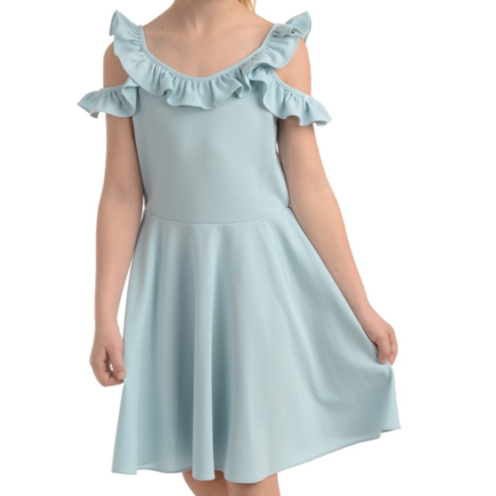 Belle Badgley Mischka sky blue Ruffle Dress cold shoulder ruffle skater 16‎